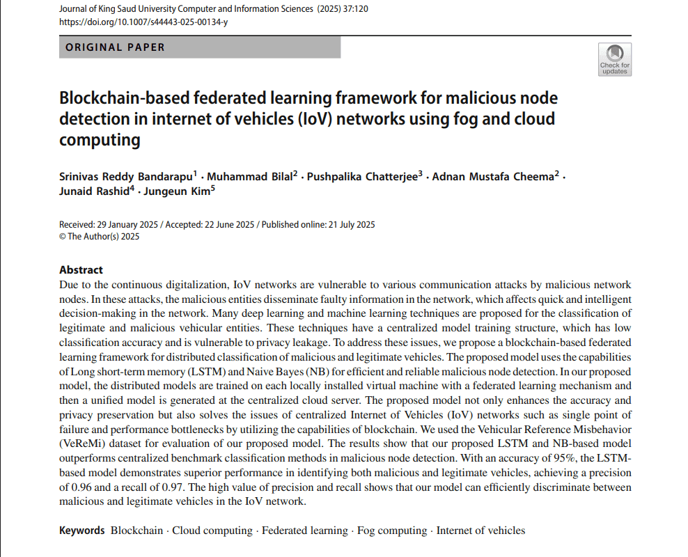 Blockchain-based federated learning framework for malicious node detection in internet of vehicles (IoV) networks using fog and cloud computing